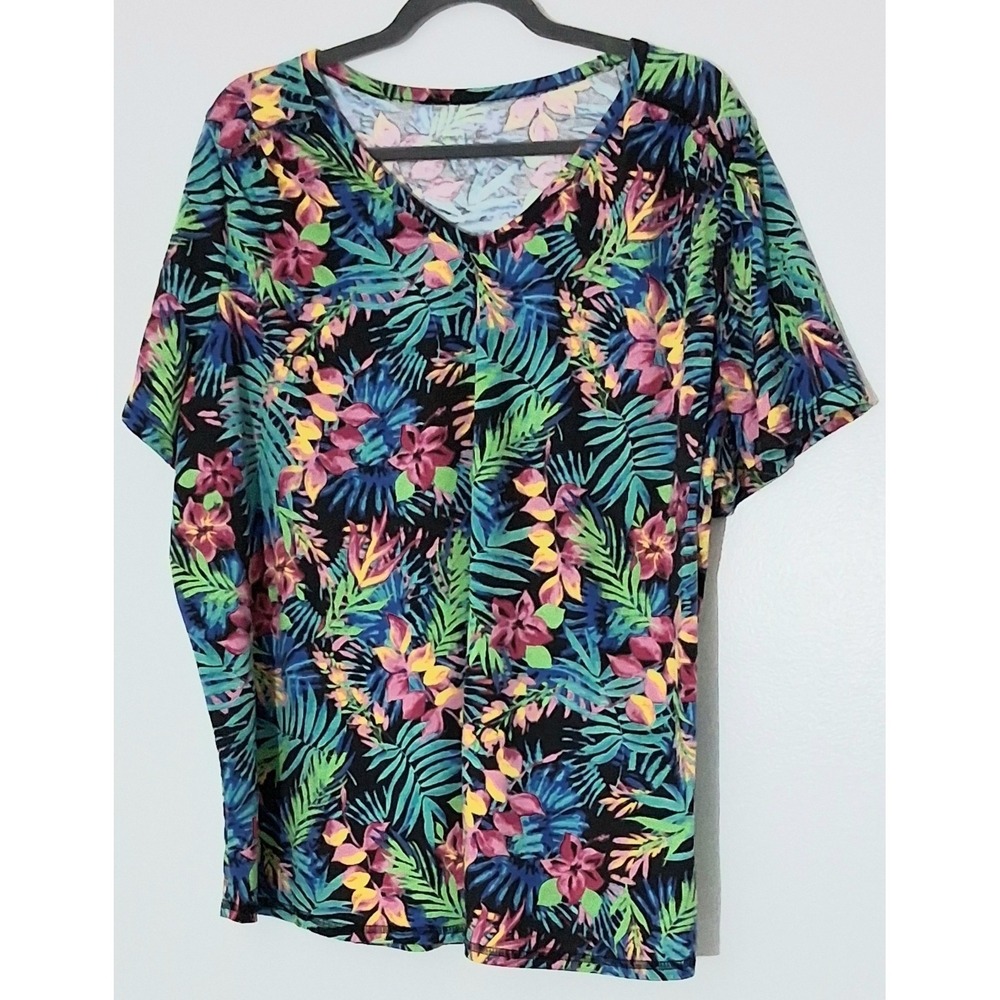 Woman Within T-Shirt Women's Size 22/24 Black Tropical Leaves V-Neck‎ Resort